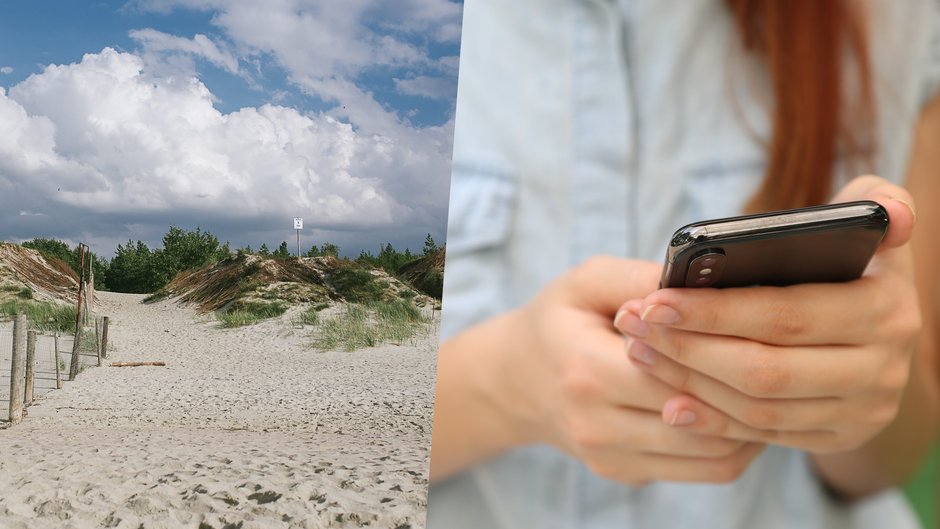 Plaża w Piaskach (po lewej) i kobieta trzymająca w rękach telefon komórkowy (po prawej)