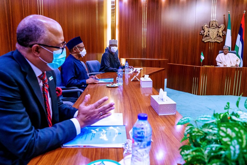 President Muhammadu Buhari receives briefing from Presidential Task Force on COVID-19 led by Chairman, Boss Mustapha; Minister  of Health, Osagie Ehanire; Director General of the National Center for Disease Control (NCDC), Dr Chikwe Ihekweazu. [Twitter/@BashirAhmaad]