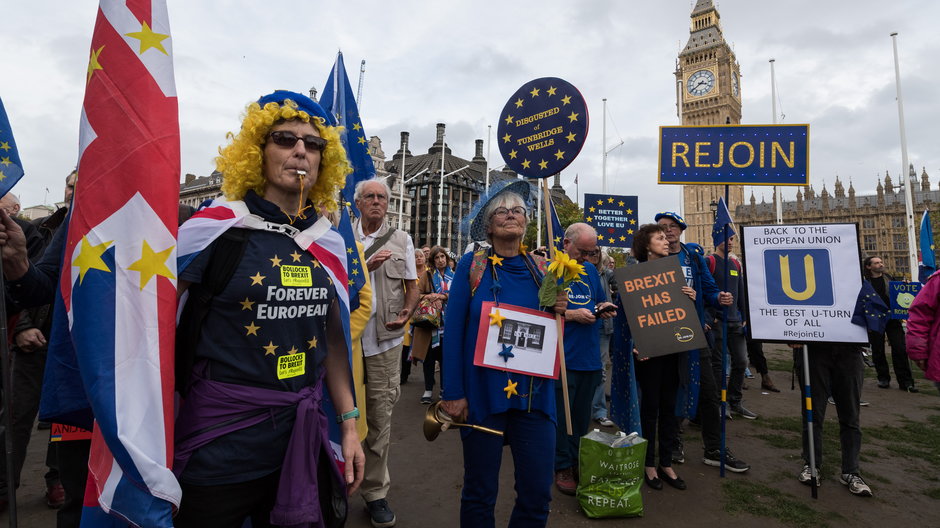 Demonstranci biorą udział w wiecu w Londynie, wzywając do ponownego przystąpienia Wielkiej Brytanii do Unii Europejskiej, 22 października 2022 r.