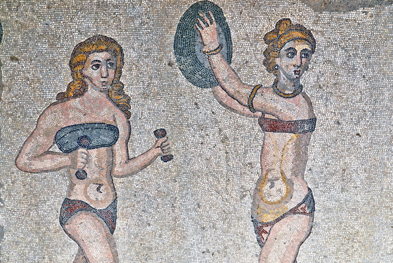 Mozaika "Dziewczyny bikini", Villa Romana del Casale, wpisana na Listę Światowego Dziedzictwa UNESCO, w pobliżu Piazza Armerina, Sycylia, Włochy