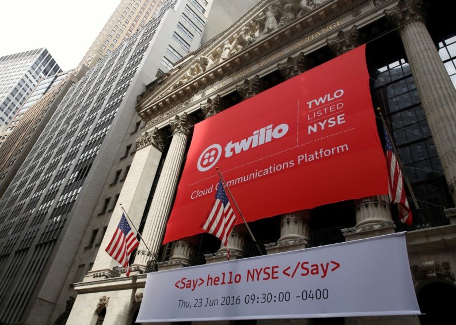 A banner for communications software provider Twilio Inc., hangs on the facade at the NYSE to celebrate the company's IPO, in New York City