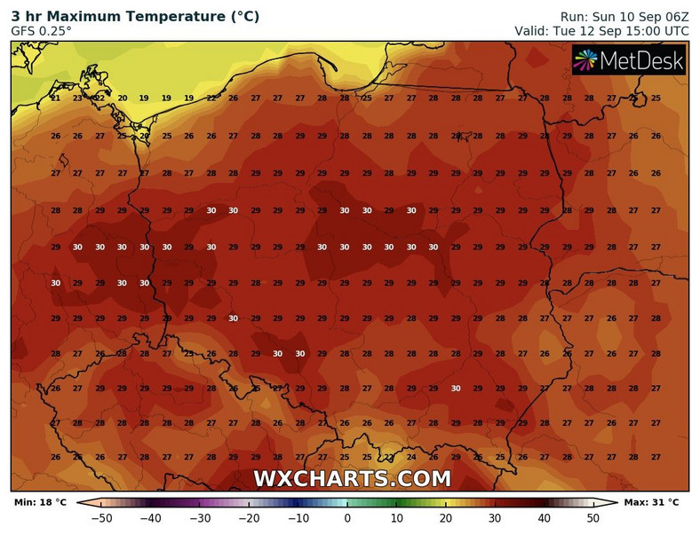 We wtorek na znacznym obszarze odnotujemy 28-30 st. C