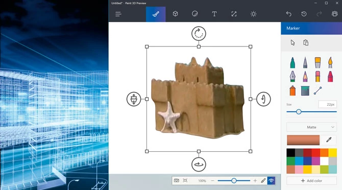 Do edycji obiektów zarejestrowanych aplikacją 3D Windows będzie zawierał program Paint 3D. W ten sposób szybko dopracujemy nasze przestrzenne obiekty. Zintegrowana usługa druku 3D pozwala na zmaterializowanie modelu. Możliwe jest zamawianie obiektów z tworzywa sztucznego, drewna albo metalu. Ceny za wydruk sięgają od kilku do kilkuset złotych.