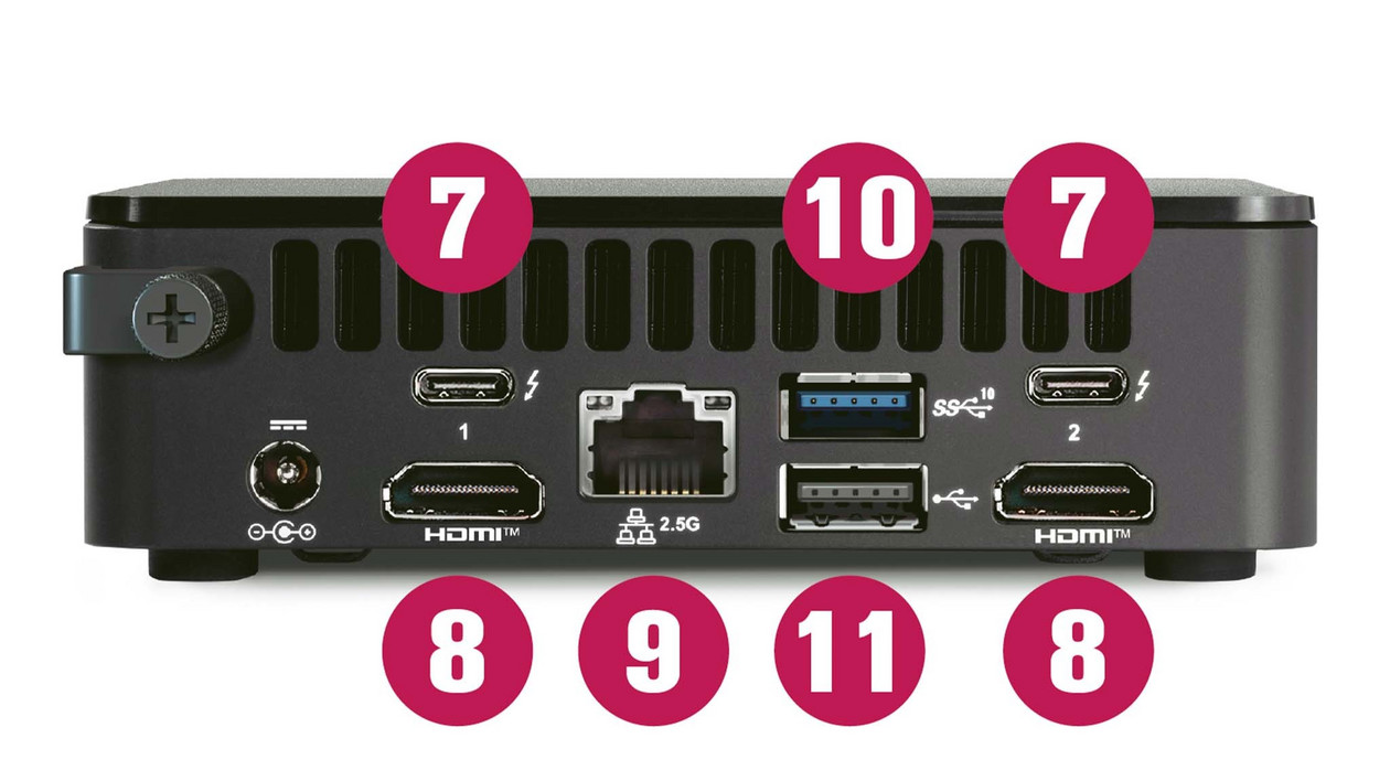Z tyłu znajdują się dwa gniazda USB-C 4.0 (7), dwa porty HDMI (8), gniazdo LAN (9) i dwa kolejne porty USB (wersje 3.2 (10) i 2.0 (11))