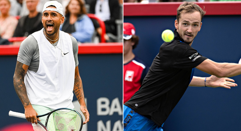 Nick Kyrgios(Right) defeated Daniil Medvedev at the National Bank Open in Montreal on Wednesday
