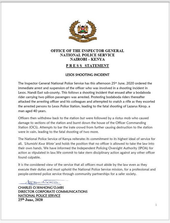 National Police service Statement on Lessos Shooting 