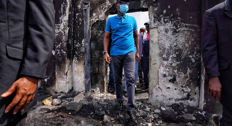 Lagos State Governor, Babajide Sanwo-Olu inspects some of the facilities burnt by thugs. [Twitter/@followlasg]