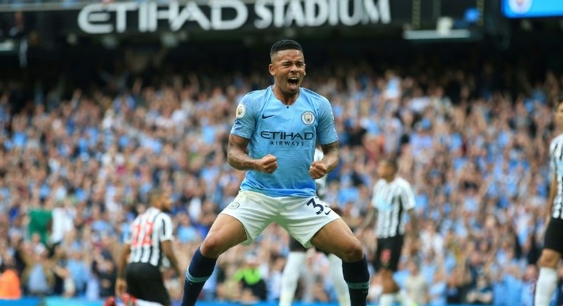 Gabriel Jesus celebrates Manchester City's first goal of the season against Newcastle United on September 1