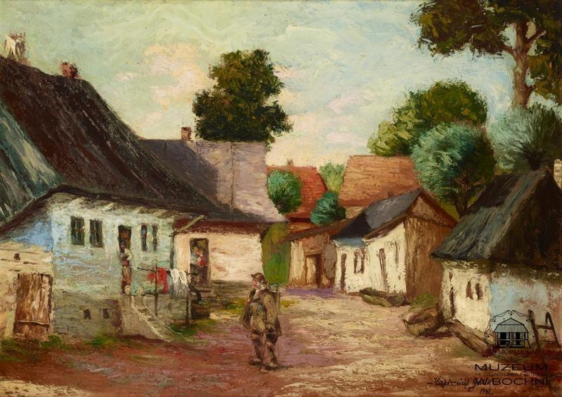 Drewniane domki na ul. Niecałej w Bochni na obrazie Kazimierza Gulika, 1942 r.
