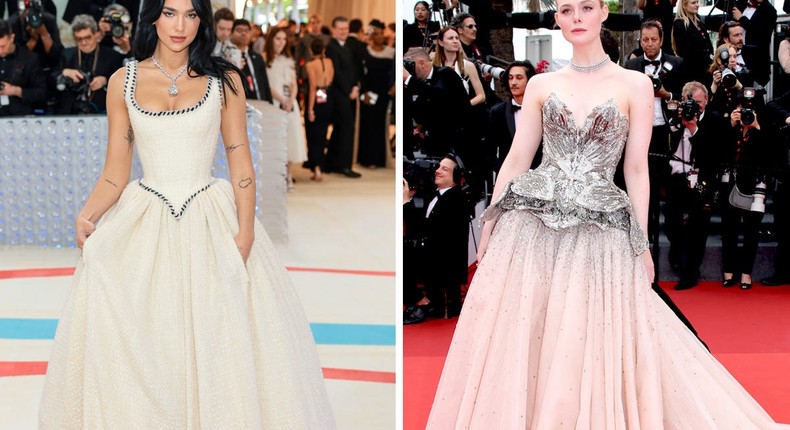 Dua Lipa at the 2023 Met Gala and Elle Fanning at the 2023 Cannes Film Festival.Dimitrios Kambouris/Daniele Venturelli/Getty Images