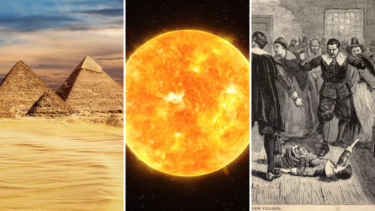 Od lewej: piramidy w Egipcie, słońce, proces czarownic z Salem