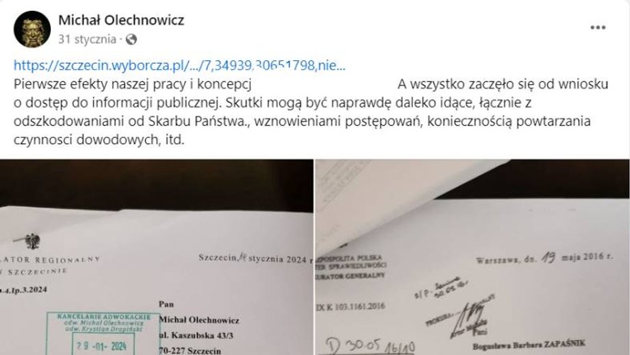 Post adwokata Michała Olechnowicza na Facebooku  z 31 stycznia 2024 r.