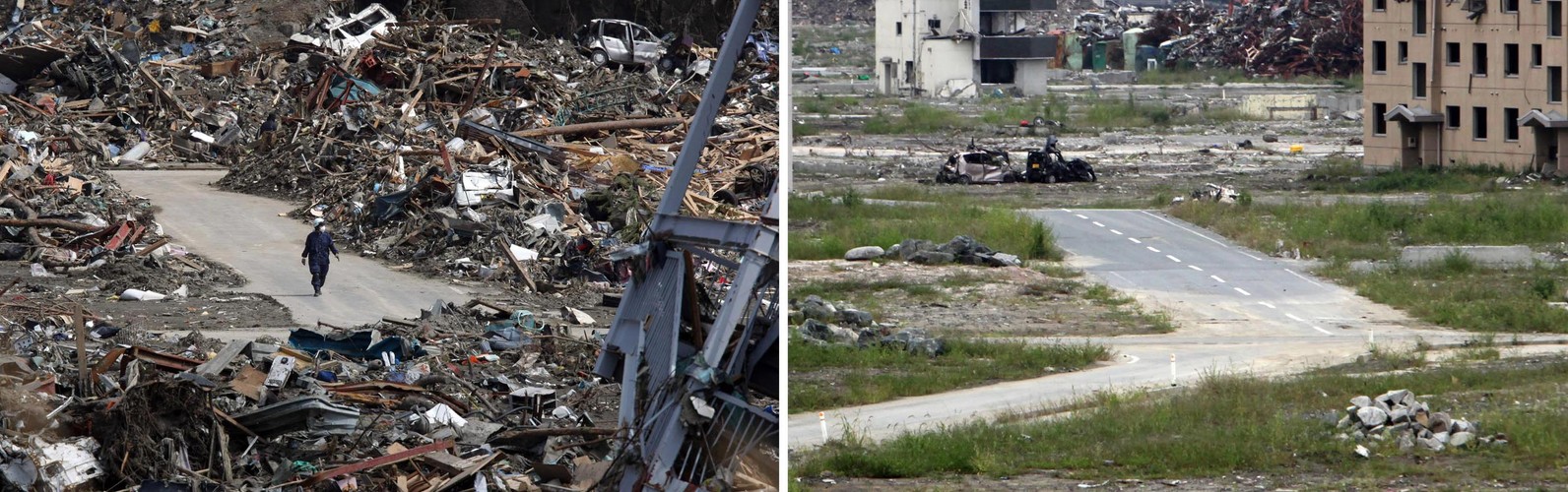 Kombinacja zdjęć. Po lewej stronie, gruz ułożony wzdłuż ulicy w mieście Rikuzentakata w Japonii. Zdjęcie z 24 marca 2011 roku. Po prawej stronie, to samo miejsce fotografowane 10 września 2011.