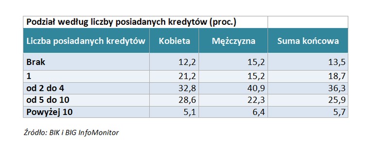 Podział według liczby posiadanych kredytów