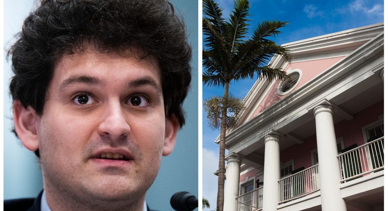 Sam Bankman-Fried and a Bahamas government building in Nassau.Tom Williams/CQ-Roll Call, Inc via Getty Images; Walter Bibikow/Getty Images