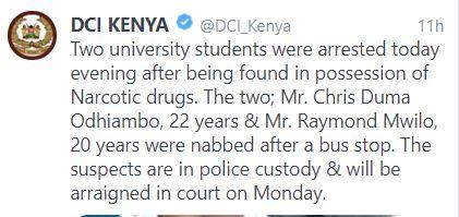 DCI busts drug trafficking syndicate, arresting two University students 