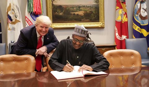 President Donald Trump (L) and President Buhari at the White House in 2018 (R)