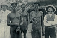 Atrocities of the Rubber Slavery in the Belgian Congo. Natives hold the severed hands of two country