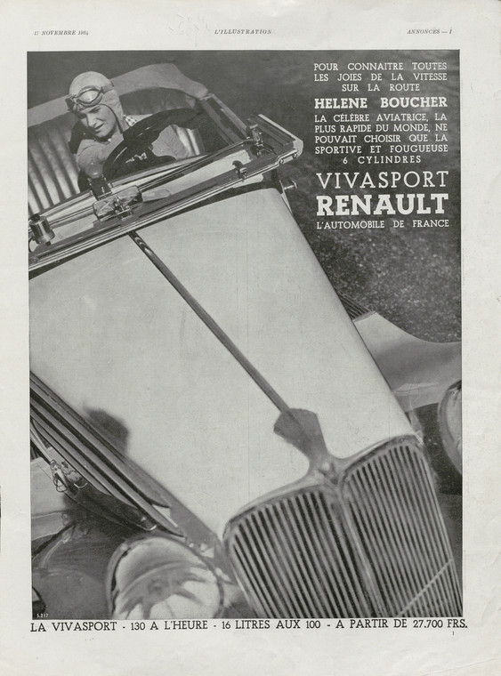 Helene Boucher za sterami samolotu Rafale na dystansie ponad 1000 km osiągnęła prędkość 445 km/h. Słunna pilotka reklamowała też samochody Renault