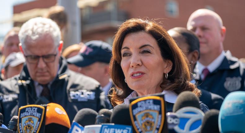 New York State Governor Kathy Hochul speaks during a press conference at the site of a shooting at the 36 St subway station on April 12, 2022 in New York City.