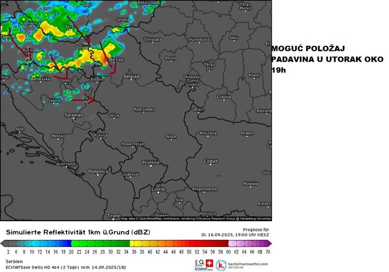 Mapa padavina za utorak u 19 sati