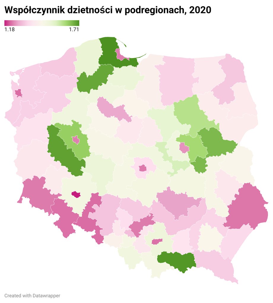 Mapa dzietności w Polsce w 2020 r.