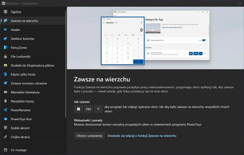PowerToys – ustawianie programów na wierzchu