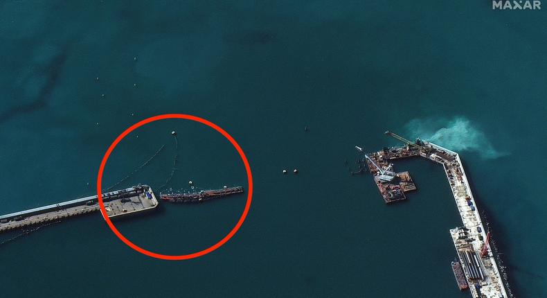 A closer view of barriers at the entrance of the Novorossiysk port in Russia on March 30.Satellite image 2024 Maxar Technologies.