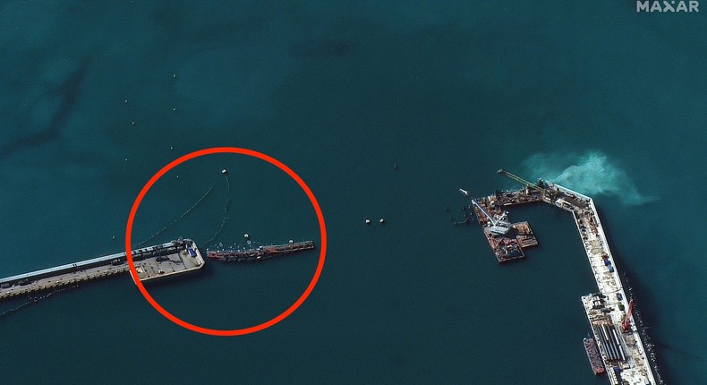 A closer view of barriers at the entrance of the Novorossiysk port in Russia on March 30.Satellite image 2024 Maxar Technologies.