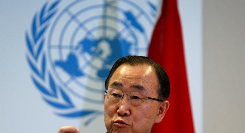 U.N. Secretary-General Ban Ki-moon gestures during a news conference at the Conference on the Prevention of Violent Extremism at the United Nations in Geneva, Switzerland, April 8, 2016. 