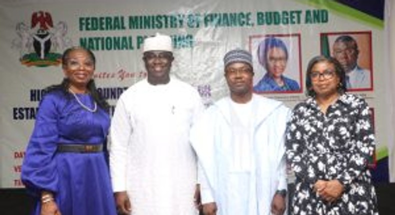 L-R: Chairperson of Nigerian National Advisory Board of Impact Investing (NABII), Mrs Ibukun Awosika; Minister of State, Ministry Finance, Budget, and National Planning, Prince Clem Agba; Permanent Secretary of the Ministry Finance, Budget, and National Planning, Mr Aliyu Ahmed; and Director General, Debt Management Office (DMO), Ms Patience Oniha, at a high-level roundtable meeting on the establishment of the Nigerian WIIF in Abuja. [NAN]