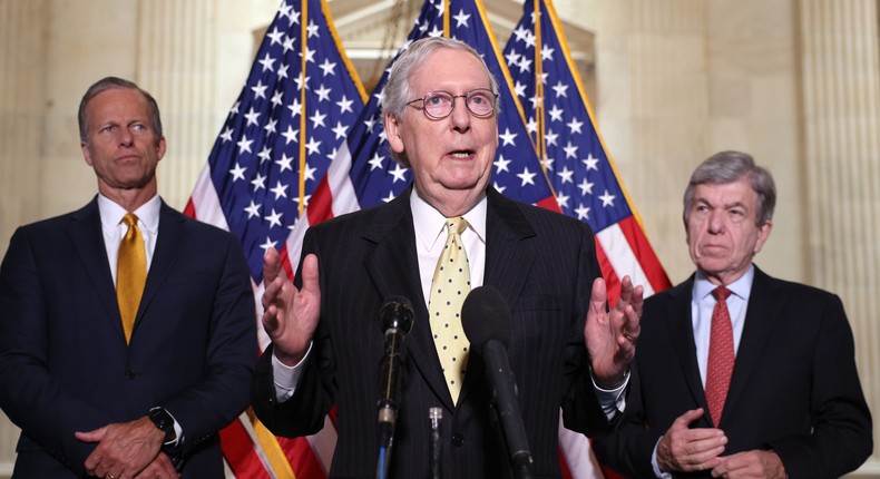 From left, Senate Minority Whip John Thune of South Dakota, Senate Minority Leader Mitch McConnell of Kentucky, and Senate Republican Policy Committee Chair Roy Blunt of Missouri.
