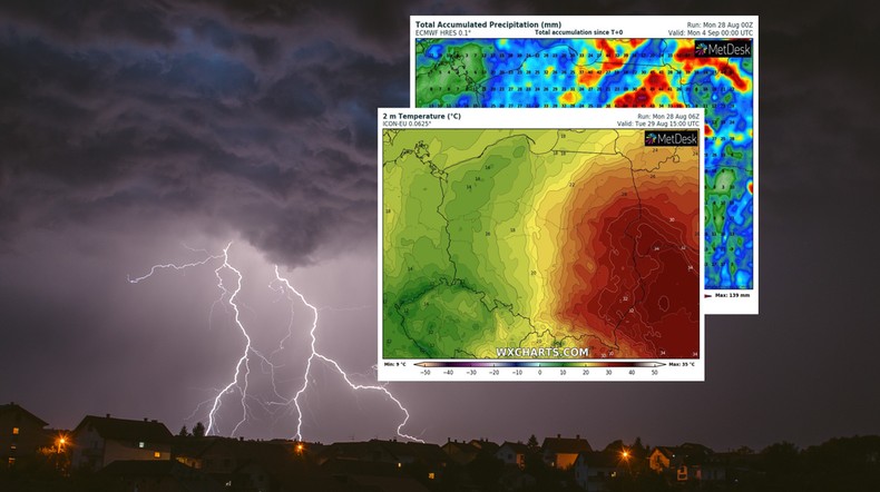 Gwałtowne nawałnice definitywnie zakończą panowanie upałów w Polsce (mapy: wxcharts.com)