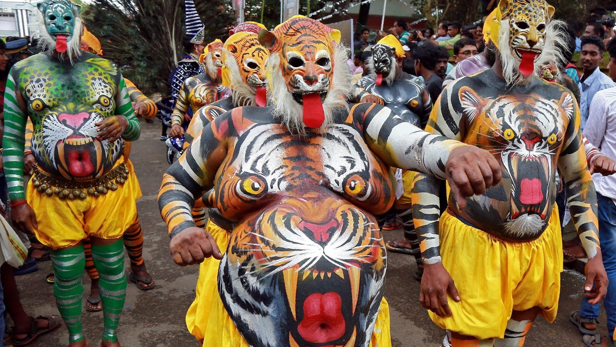 Performers painted to look like tigers dance during festivities marking the start of the annual harv