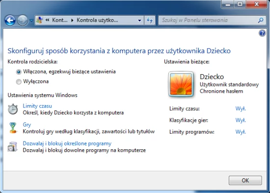 Systemowy panel kontroli rodzicielskiej w Windows 7