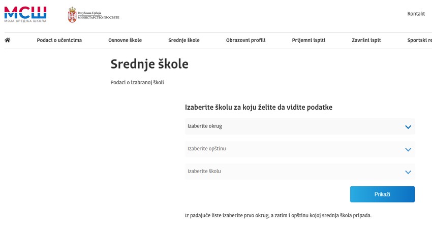 Portal "Moja srednja škola": Odaberite školu u padajućem meniju i saznaćete koliko je bodova najmanje bilo potrebo za upis prošle godine 