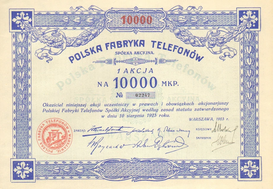 Mimo że pokoleniu milenialsów trudno wyobrazić sobie szczery popyt na telefon produkcji lokalnej, w czasach międzywojnia polska fabryka tych urządzeń uczestniczyła nawet w rynku kapitałowym. Zapis 10 000 mkp na druku odpowiada polskim markom - walucie zastąpionej w 1924 r. złotym.