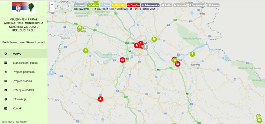 Po mapi SEPA najzageđnija su područja Beograda, Smedereva, Obrenovca i Valjeva
