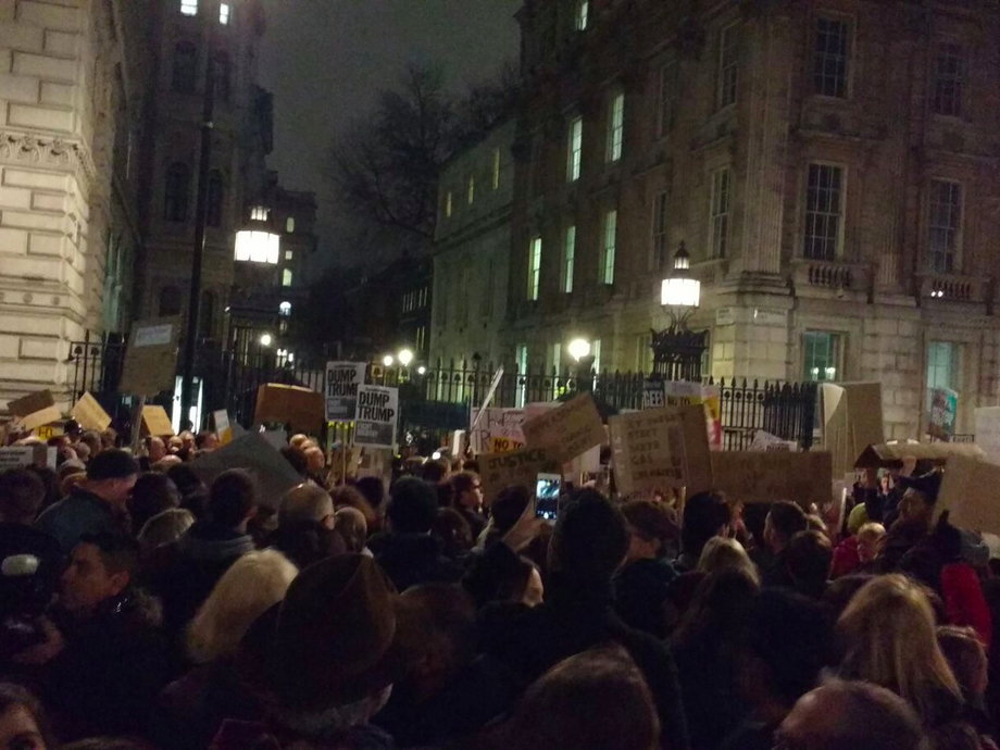 Anti-Trump protestors outside 10 Downing Street on Monday night.