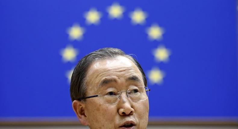 United Nations Secretary-General Ban Ki-moon addresses a plenary session of the European Parliament in Brussels, Belgium, May 27, 2015. REUTERS/Francois Lenoir