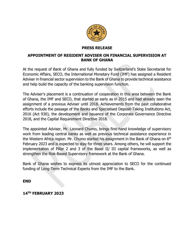 BoG statement on new financial advisers.