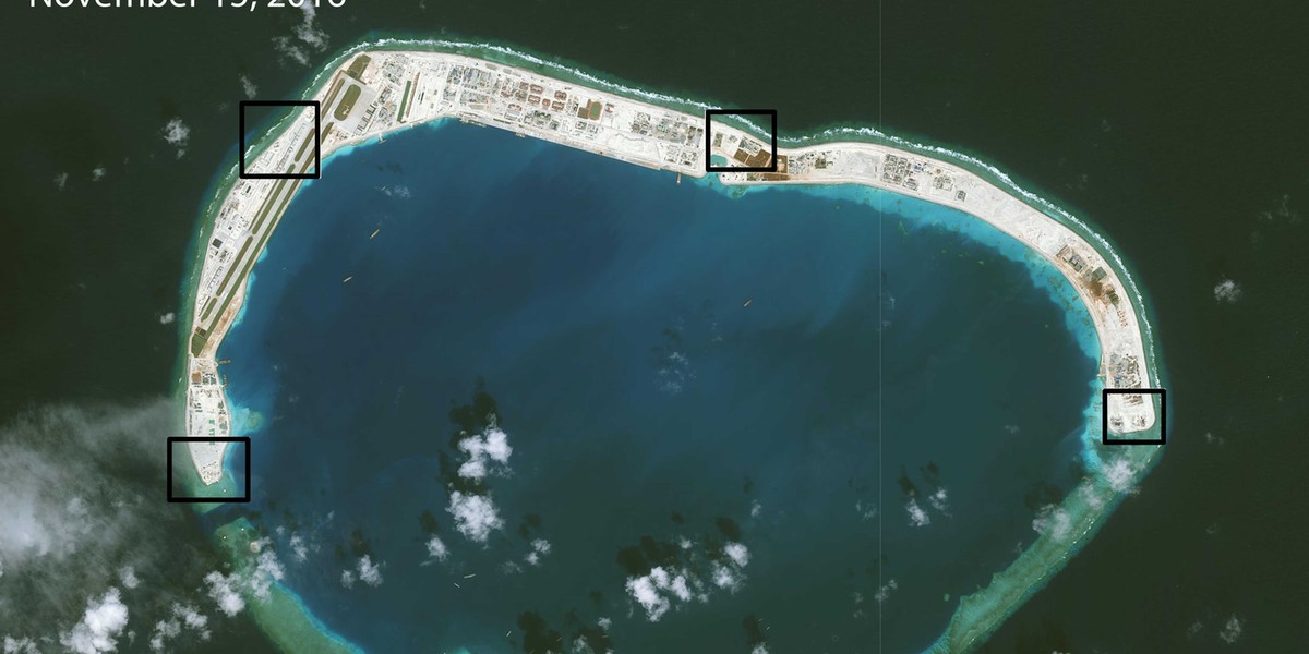 A photo highlighting the Chinese military infrastructure on Mischief Reef, including runways and possible radar outposts.