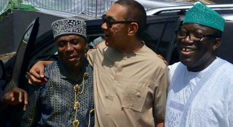 Ben Murray-Bruce flanked by Rotimi Amaechi (left) and Dr. Kayode Fayemi at the Obasanjo Presidential Library launch