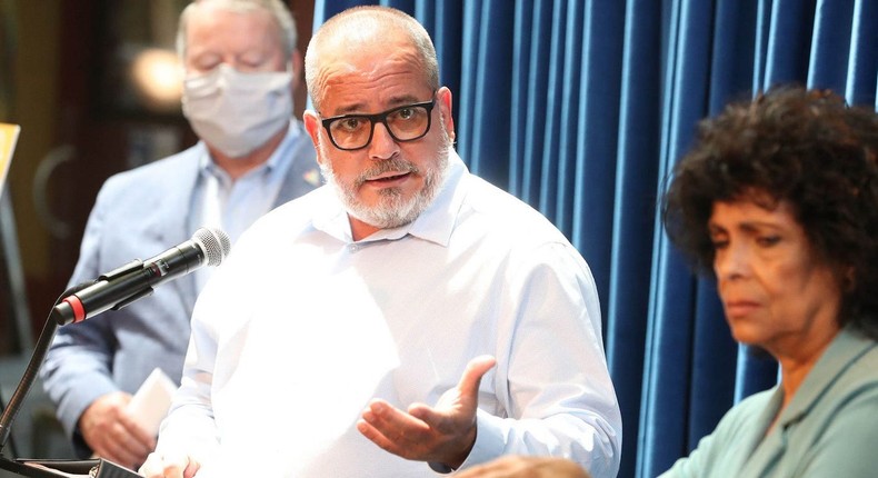 Dr. Raul Pino, the state health officer in Orange, speaks on the current COVID-19 infection rate in the county during a news briefing at the Orange County Administration Building on August 9, 2021.