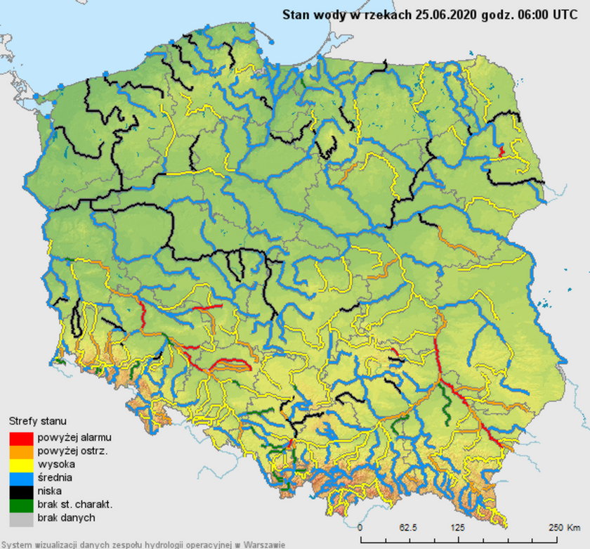 Stan wody  w rzekach 25 czerwca