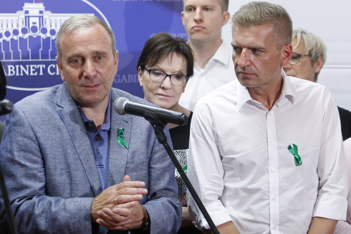 Przewodniczący PO Grzegorz Schetyna (L) oraz posłowie PO Bartosz Arłukowicz (P) i Ewa Kopacz (2P) podczas briefingu prasowego przed posiedzeniem Gabinetu Cieni Platformy Obywatelskiej, 11 bm. w Białowieży.
