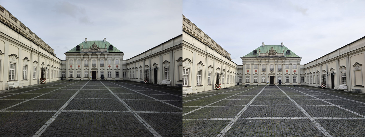 Zdjęcie 50 MP (po lewej) jest słabiej naświetlone i mniej poprawione programowo  niż kadr 12 MP (obraz po prawej)