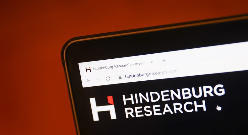 Hindenburg Research website displayed on a laptop screen.Jakub Porzycki/NurPhoto/Getty Images