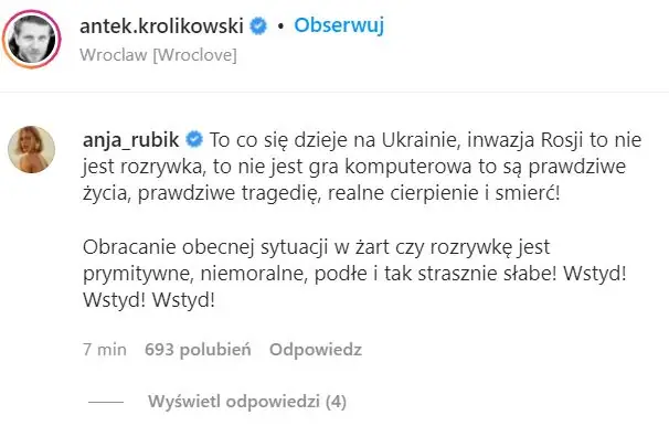 Komenatrz Anji Rubik pod postem Antka Królikowskiego