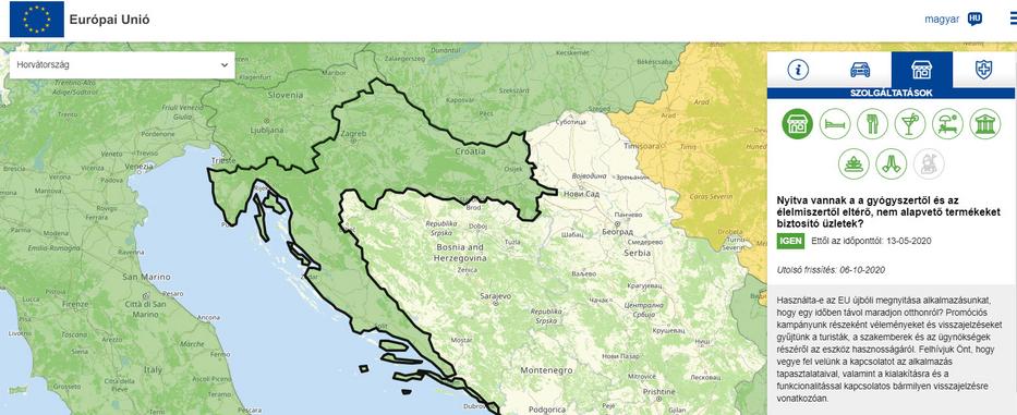 Az Európai Bizottság által készíttetett interaktív, európai turistatérkép Horvátországról / Forrás: reopen.europa.eu